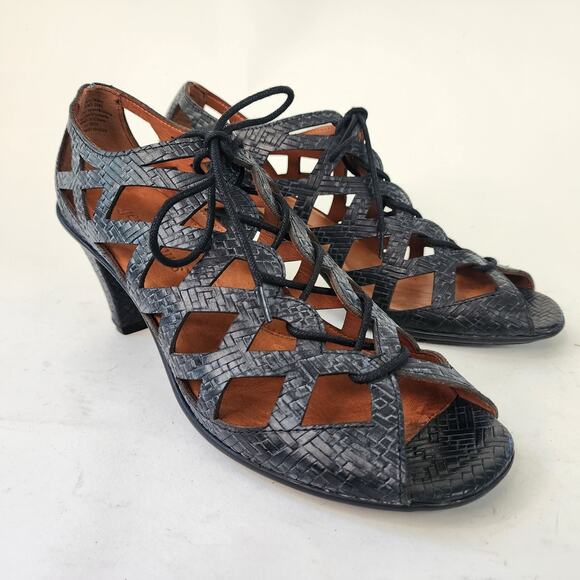 Gentle Souls Okey Dokey Lace-up Sandals 10M Black Leather Gladiator Caged Heel - Picture 1 of 7